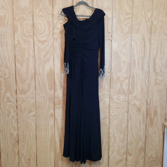 Mac Duggal Navy One Shoulder Jeweled Cuff Drape Jersey Maxi Dress Size 10 #12231 - Picture 3 of 9